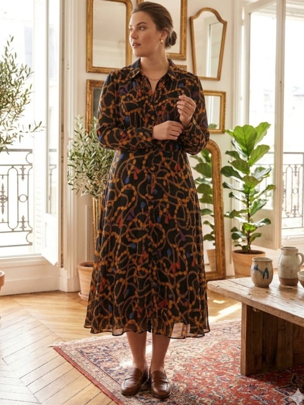Nanette Lepore Equestrian Chain Print Pleated Button Down Midi Dress Size 14